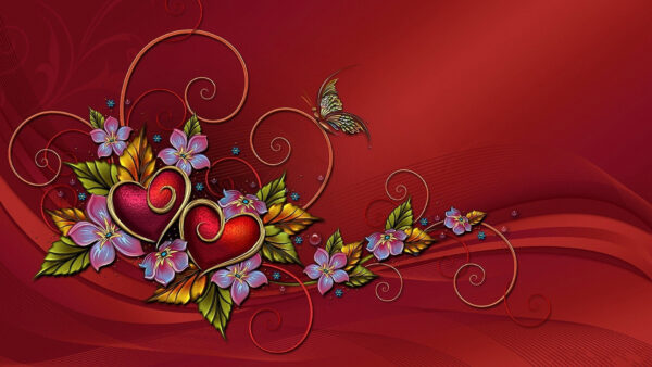 Wallpaper Abstract, Leaves, Red, Flower, Heart, Butterfly