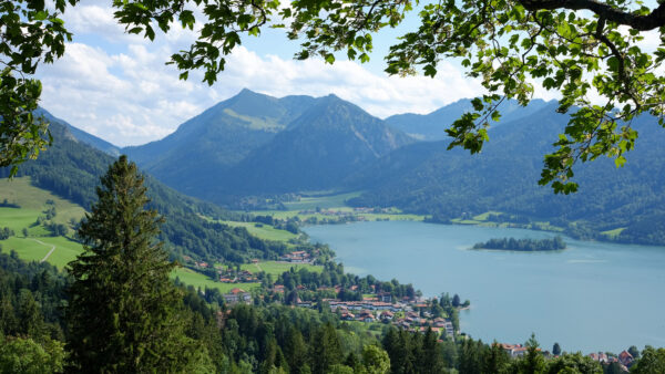 Wallpaper Mountains, Aerial, Under, View, Clouds, Houses, River, Nature, Sky, Blue, Green, White, Greenery, Slope, Village, Trees