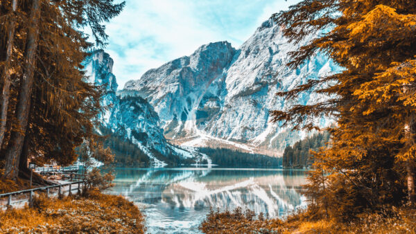 Wallpaper Autumn, Nature, Clouds, River, Trees, Landscape, Mountains, Yellow, Blue, Reflection, White, Sky, Covered, Background, View