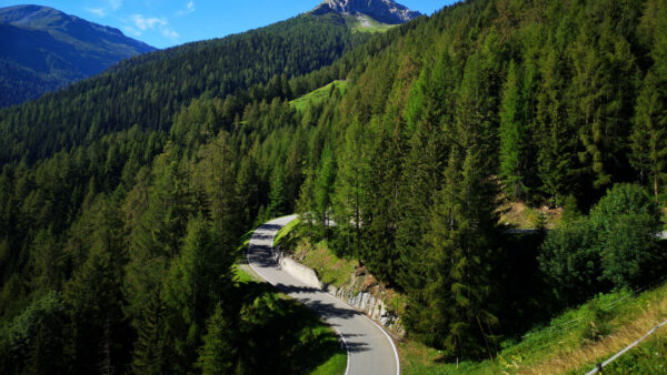 Wallpaper Nature, Bushes, Between, Grass, Trees, Road, Blue, Under, Green, Mountains, Field, Slope, Beautiful, Sky