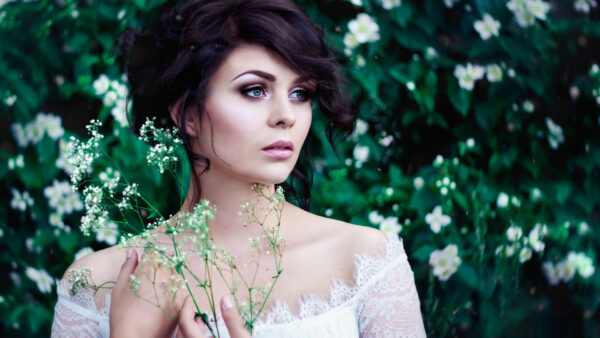 Wallpaper White, Dress, Model, Background, Plants, Flowers, Standing, Girls, Wearing, Girl