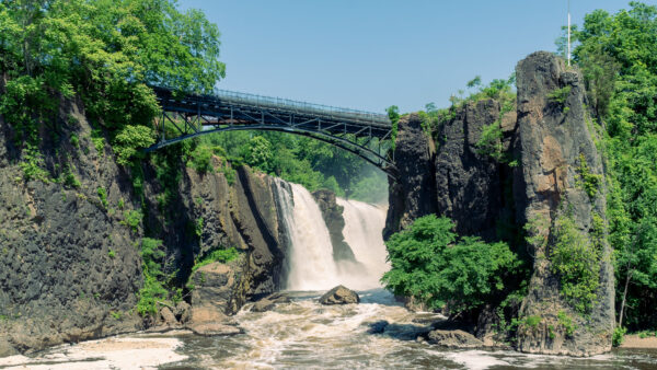 Wallpaper River, Mobile, Desktop, Nature, Above, Stones, Under, Bushes, Blue, Waterfall, Bridge, Rocks, Sky, Trees