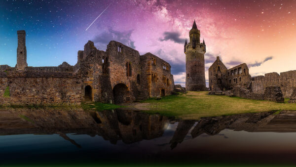 Wallpaper Desktop, Reflection, Mobile, Nighttime, Starry, Castle, Under, With, During, Fortress, Water, Travel, Sky