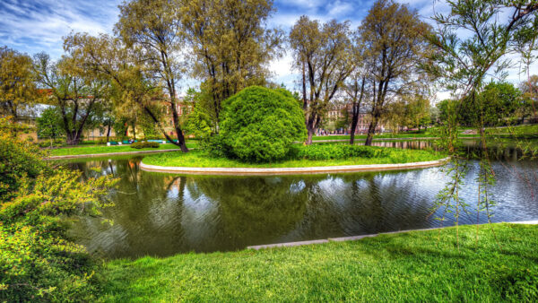 Wallpaper Building, Lake, Beautiful, With, Nature, Background, Trees, Park, Greenery, And