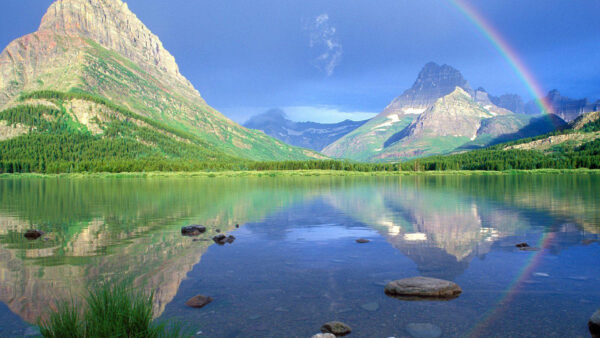 Wallpaper Water, Reflection, Body, Rainbow, Over, With, Mountain, Desktop