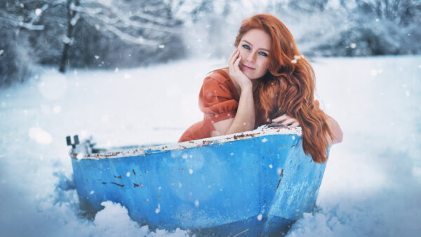 Wallpaper Redhead, Boat, Wearing, Hair, Brown, Girl, Snow, Long, Blue, Eyes, Sitting, Model, Dress, Inside
