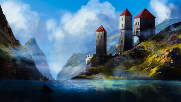 Wallpaper Towers, Mountains, Reflection, Nature, Castle, Anime, River