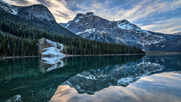 Wallpaper Green, White, Reflection, Sky, Landscape, Covered, View, Blue, Water, Trees, Clouds, Under, Snow, Nature, Mountains, Rock