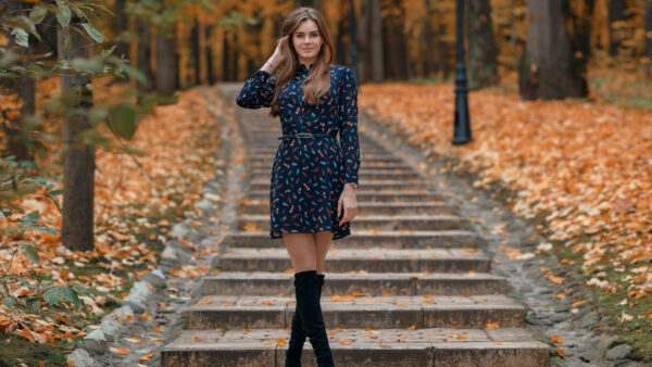 Wallpaper Dress, Beautiful, Standing, Wearing, Stairs, Background, Model, Girls, Girl, Blue