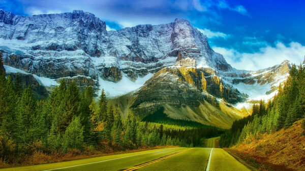 Wallpaper Sky, Blue, Landscape, Clouds, White, Nature, Green, Road, Spruce, Under, Trees, View, Snow, Between, Mountains, Capped, And