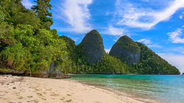 Wallpaper Green, White, Clouds, Nature, Beach, Blue, Plants, Sky, Bushes, Trees, Sand, Rocks, Mountains, Under