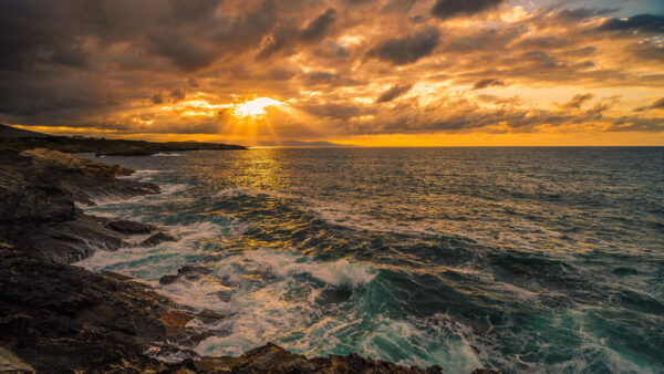 Wallpaper Under, Ocean, Waves, Black, Sky, Nature, Stone, During, White, Sunset, Clouds, Rocks