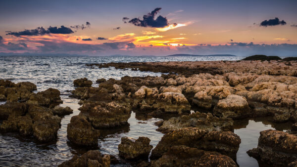 Wallpaper Coast, Stones, Waves, Black, Nature, Ocean, Mountains, Under, Sunset, Blue, During, Clouds, White, Sea, Sky