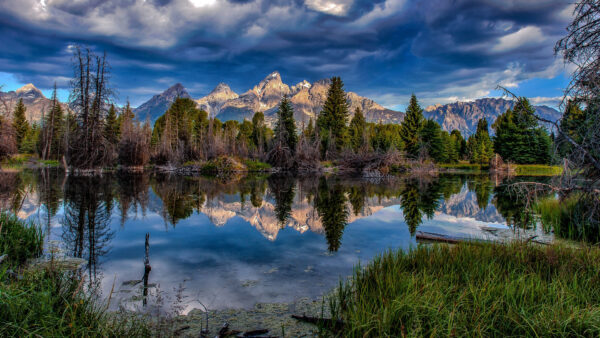 Wallpaper Under, Spruce, Blue, River, Mountains, Reflection, Bushes, Nature, Trees, Clouds, Green, View, Landscape, White, Sky