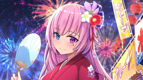 Wallpaper Sky, Pink, Anime, Background, Eyes, Girl, Firecrackers, Blue, Hair, Purple