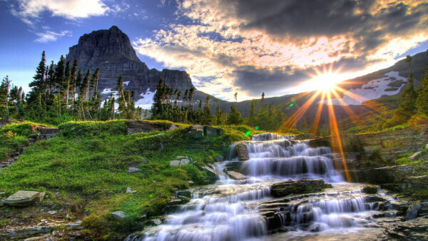Wallpaper Sunset, And, During, Blue, Mountain, View, Background, Water, Desktop, Stream, Clouds, With, Sky, Grass, Nature