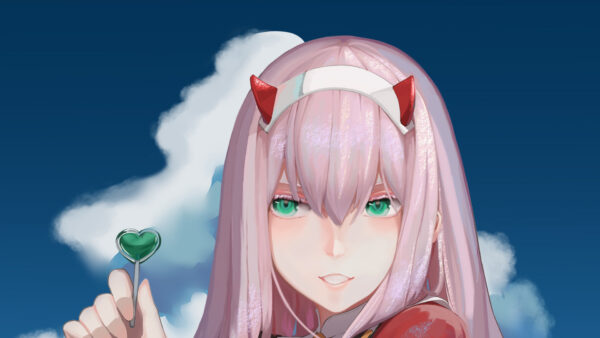 Wallpaper Blue, Lollipop, Anime, Green, Sky, And, With, Having, The, FranXX, Two, Zero, Background, Clouds, Darling
