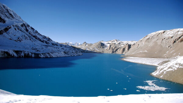 Wallpaper Water, White, Nature, Between, Blue, Covered, Body, Daytime, Rocks, And, Mountains, During