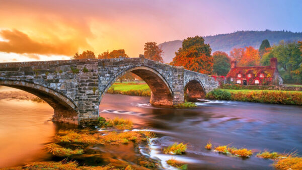 Wallpaper Autumn, Fall, Leaves, Background, Trees, River, Nature, Above, House, Colorful, Scenery, Bridge, Mountain, Beautiful