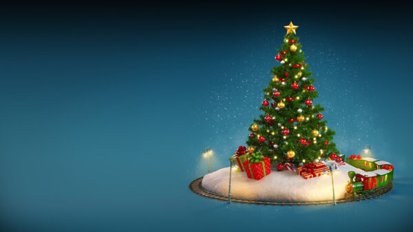 Wallpaper Golden, Track, The, Decoration, With, Middle, Desktop, Train, Christmas, Red, Balls, Toy, Tree