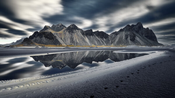 Wallpaper Sky, Mountains, White, Black, Under, Reflection, Clouds, Sand, Mountain, Water, Rock