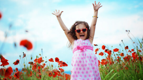 Wallpaper With, Blue, Sunglass, Sky, Desktop, Girl, Delightful, Child, Cute, Cloudy, Flowers, Around, Red, And, Background