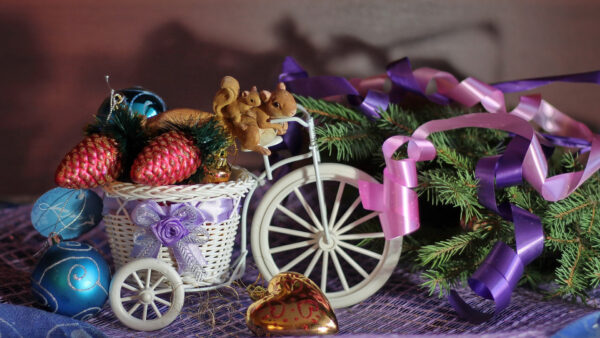 Wallpaper With, And, Squirrel, Vehicle, Basket, Ornaments, Wallpaper, Desktop, Christmas, Toy, Strawberry