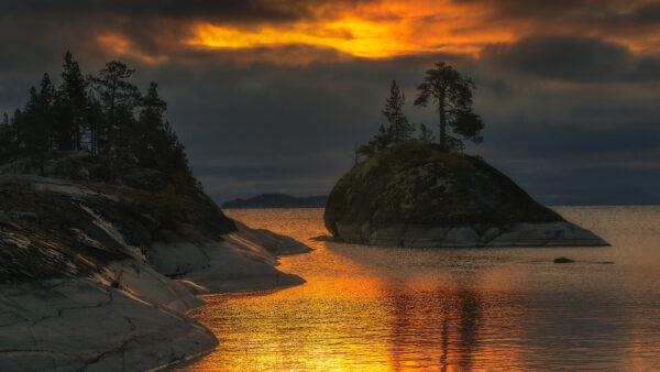 Wallpaper During, Clouds, Sunset, Trees, Background, Rocks, Nature, Lake, With, Desktop, And