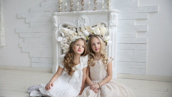 Wallpaper White, Wearing, Sitting, Little, Are, Background, Girls, Two, Cute, Floor, Dress, WALL