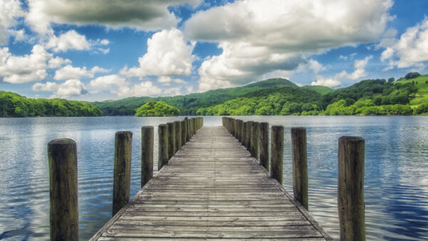 Wallpaper Greenery, Landscape, Lake, Nature, View, Wood, Pier, Sky, Clouds, Daytime, During, Blue, And, Dock, White, Under, Mountains