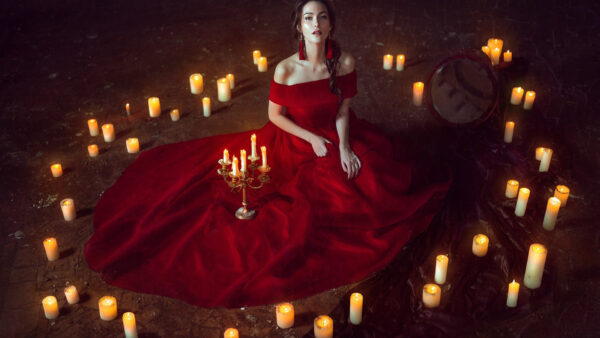 Wallpaper Sitting, Floor, Candles, Dress, Wearing, Surrounded, Girl, Red, Girls, Model