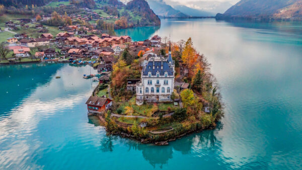 Wallpaper Houses, Island, Autumn, Mountains, Trees, Buildings, Aerial, Nature, View