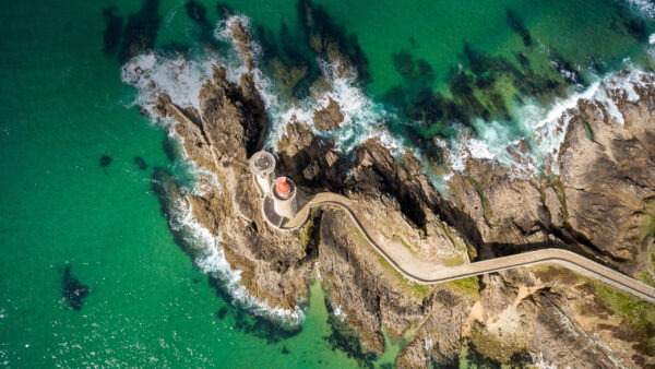 Wallpaper Ocean, Water, Path, Nature, Waves, Castle, Aerial, Mountains, View, Rock