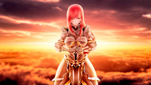 Wallpaper Redhead, Fail, Clouds, Yellow, Girl, Anime, Fairy, Sky, Warrior, Background