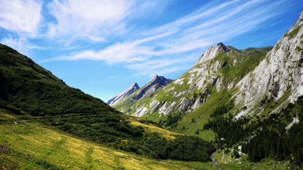 Wallpaper Blue, Greenery, Clouds, Rocks, White, Mountain, Sky, Mountains, Under, Trees, Slope, Green