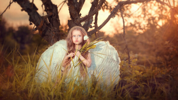 Wallpaper Little, With, Standing, Blue, Wearing, Flower, Cute, Girl, Tree, Background, Branches, Dress, White