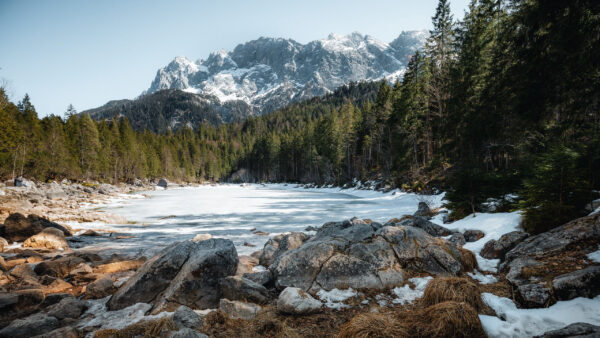 Wallpaper Surrounded, View, Lake, Nature, Frozen, Landscape, With, Trees, Mountains, Green