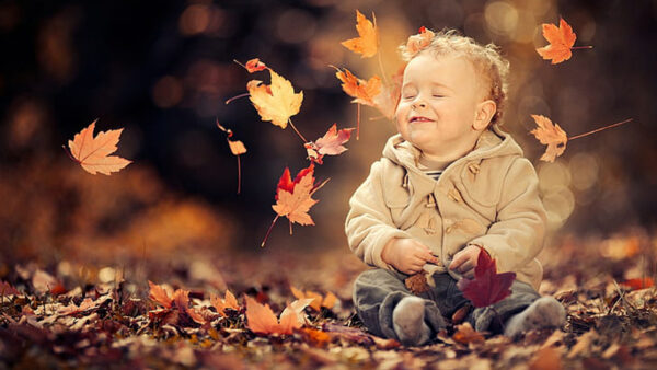 Wallpaper Autumn, Eyes, Background, Smiley, Bokeh, Cute, Sitting, Blur, Dry, With, Child, Leaves, Closed