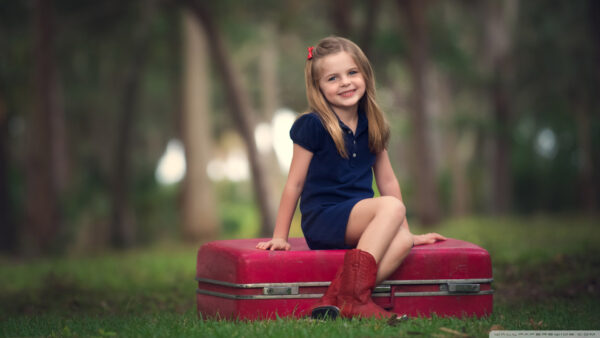 Wallpaper Background, Suitcase, Sitting, Wearing, Blue, Red, Blur, Trees, Smiley, Cute, Little, Dress, Girl