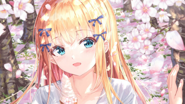 Wallpaper Blonde, Anime, Girl, Blue, Background, Eyes, Flowers