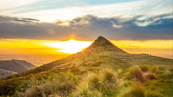 Wallpaper Slope, Sunset, Grass, During, Mountains, Blue, Black, Nature, Field, Sky, Bushes, Clouds, Under, Desktop