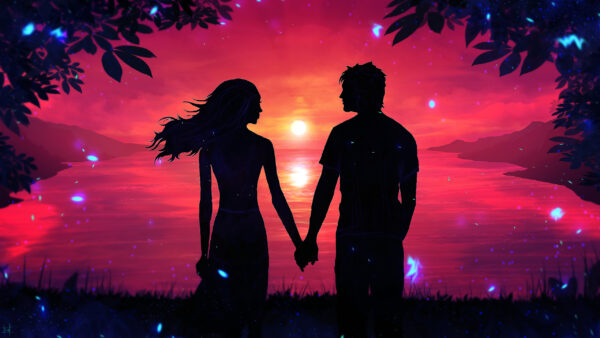 Wallpaper Couple, Sunset, Silhouette, Romantic