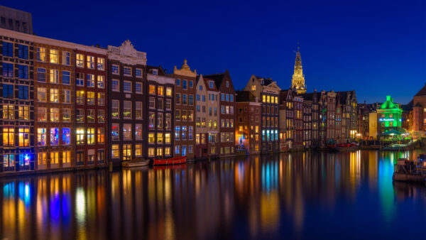 Wallpaper Amsterdam, Nighttime, Canal, House, Travel, During, Netherlands, Building, Desktop