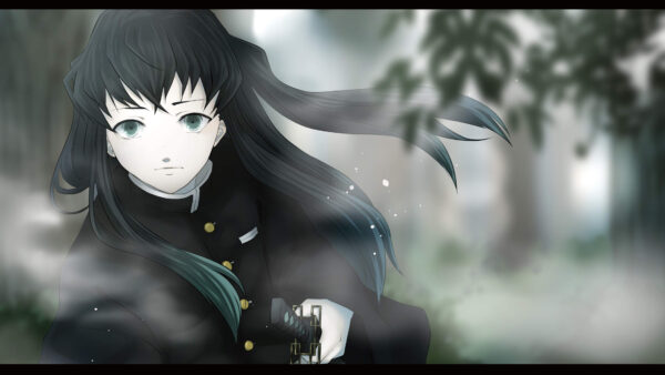 Wallpaper Shallow, Muichiro, Anime, Demon, Long, Hair, Dress, Wearing, Tokito, Desktop, Slayer, Black, Trees, With, Background