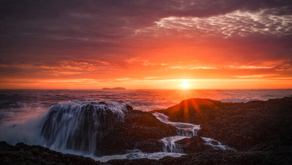 Wallpaper Horizon, And, Sunset, Ocean, Waterfall, Desktop, Nature, During