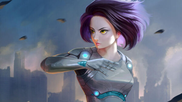 Wallpaper Movies, Battle, Buildings, Alita, Purple, Background, With, Clouds, Hair, Shallow, Desktop, And, Angel