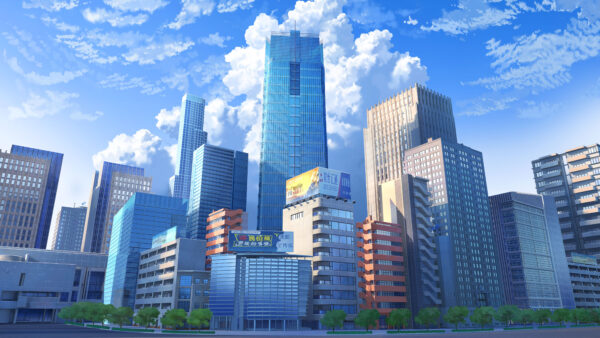 Wallpaper Clouds, Skyscraper, Anime, Sky, White, Background, Buildings, Blue