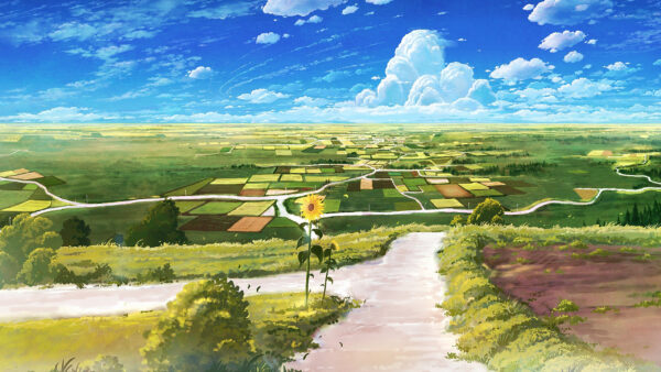 Wallpaper White, Greenery, Clouds, Background, Farm, Sky, Path, Anime, Village, Blue