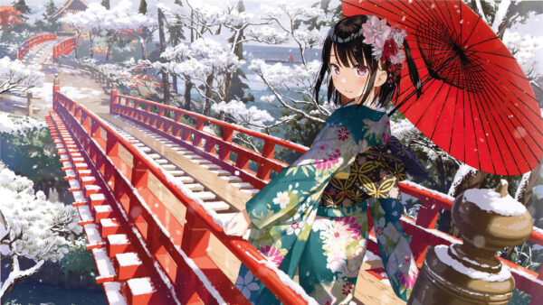 Wallpaper Anime, Red, Bridge, Umbrella, With, Girl