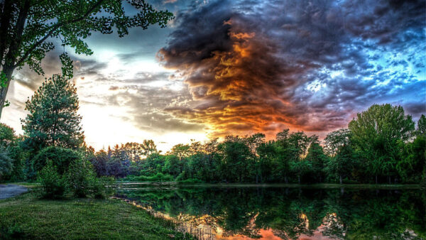Wallpaper Green, Between, Trees, Sky, Road, Blue, Under, Grass, Lake, Fall, White, Black, Clouds, Field, Reflection